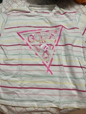 GUESS White Striped Tee with Pink Sequin Triangle Logo